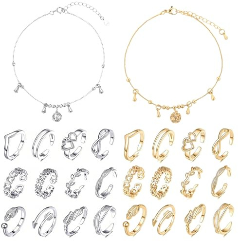 HTTDSLF 24 Pièces Bague et Anneau D'Orteil Réglable pour Femmes, Bague de Plage Anneau à Ongles, Ensemble