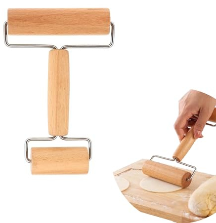 Teigroller Nudelholz mit Zwei Rollen Teigroller Klein Nudelholzs Holz Kleine Teigrolle mit Griff Holzfarbe T-förmiges Nudelholz kleiner Geeignet zum Ausrollen für Pizza, Desserts und Knödel