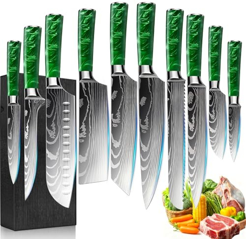 FIVE COWS Set Coltelli da Cucina, 10pz, con Coltelli da disosso, Coltelli per frutta e Coltelli da Chef, Manico in resina, Acciaio Inossidabile, Damasco, set coltelli da cucina professionali(Verde)