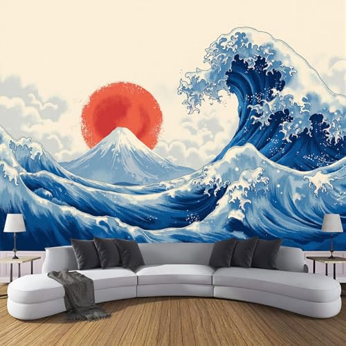 ZISTRCBAO Papier Peint Soie Motif Vague Géante Soleil Rouge, Papier Peint Panoramique Bleu, Décoration Murale Style Japonais Pour Salon Chambre Appartement 350x256cm