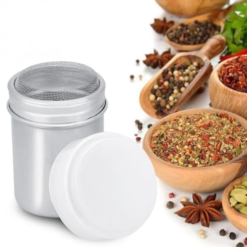 FACAIIO Spolverino in acciaio inox per cacao e zucchero a velo, con stencil per caffè, decorazione per pasticceria e cappuccino, argento