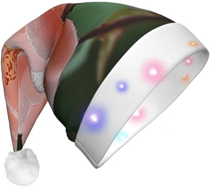 JZSTY LED-Plüsch-Weihnachtsmannmütze mit exquisitem fleischrosa Orchideen-Druck, weiche Wärme, blinkend, Festival-Party-Dekoration