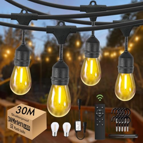 30M Festoon Lights Outdoor with Dimmer&Remote,32 led S14 2700K Bulbs | 7.9M Extension Cable,Dimming&Timing&3 Light Modes&Memory Function,Garden string lights for Pergola Backyard Fence, Linkable