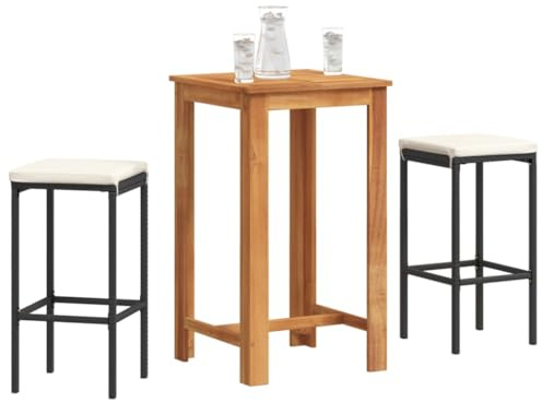 YuuSsea 3-TLG. Gartenbar-Set Schwarz, Massivholz Akazie & Poly Rattan, 60x60x105cm Bartisch, 2 Barhocker mit Kissen, Outdoor Patio Möbel für Balkon & Garten