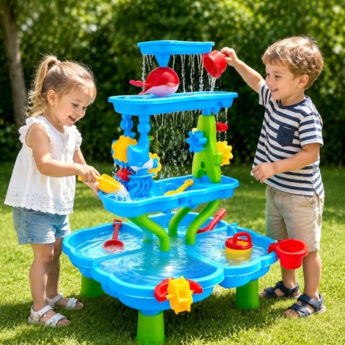 VeftBltrem Wasserspieltisch Kinder Outdoor, 4-Tier Großer Wassertisch, Sand Und Wasser Tisch für Garten, Im Freien & Strand, Aktivitäten-Spielset mit Strandspielzeug-Zubehör, ab 3 Jahr