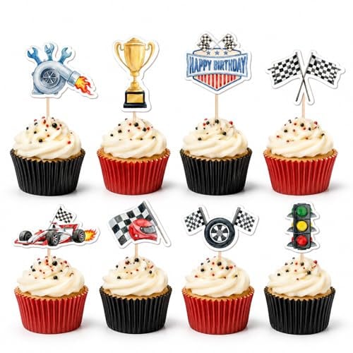 Gleevio 24 Stück Cars Tortendeko Rennauto Geburtstag Deko, Auto Tortendeko Geburtstag Junge, Happy Birthday Muffin Deko Rennwagen, Zielflagge Kuchendeko Auto Cupcake Deko für Junge Mädchen