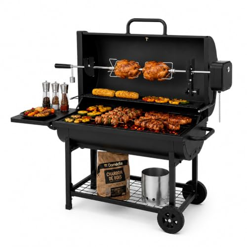 Pack barbacoa carbón con asador motorizado 360° – Motor alto torque, varilla acero inoxidable 304, parrilla grande, bandeja abatible, ruedas, exterior e interior