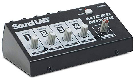 Soundlab 4-Channel Mono Microphone Mixer with Individual Volume Controls and Master Output - Compact Portable Micro Mixing Desk, 6.35mm Jack Inputs, Ideal for PA Systems & Stage Use, Black