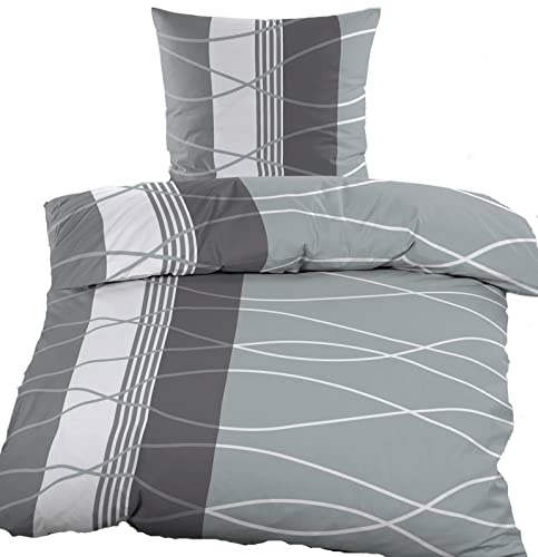 KH-Haushaltshandel Biber Winter Bettwäsche 135 x 200 + 80x80 cm, 100% Baumwolle, grau weiß, Wellen/Streifen (40128)