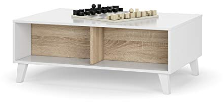 Raising Couchtisch, Zaiken Plus Modell, Glänzend Weiß und Kanadische Eiche, Maße: 100 cm (Breite) x 38/48 cm (Höhe) x 68 cm (Tiefe)