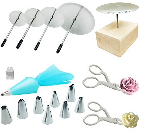 Woohome 17 PCS Cake Décoration Nails, 4 Taille Cake Aiguille de Fleur Clou, Ciseaux en Plastique, Support Bois et Outil de Buse à Desserts pour La Production de Gâteaux