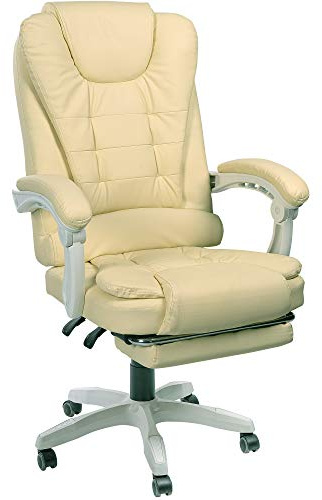 Bürostuhl mit Fußstütze und flexiblen 3-Punkt-Armlehnen - Schreibtischstuhl im Lederoptik-Design - ergonomischer Bürosessel mit verstellbaren Rückenlehne für gesündere Sitzhaltung, Farbe:Beige