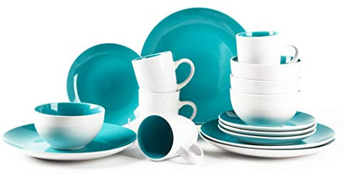 HomeVss, Service de table en grès 16 pièces en forme de coupé, extérieur blanc + intérieur turquoise