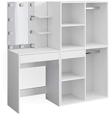 Vicco Schminktisch Isabelle, Weiß, 140 cm mit LED Beleuchtung und Schränken