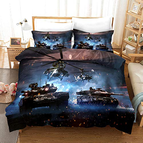 BZCBX Bettwäsche 3D Bettbezug Hubschrauber, Panzer Bettwäsche Set 3 Teilig Bettbezüge Mikrofaser 100% Polyesterfaser, Bettbezug mit Reißverschluss und 2 Kissenbezug 135x200 cm