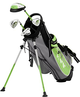 KVV Junior Complete Golf Club Set for Kids/Children Right Hand, 4-Piece Set Includes Oversize Driver, S# & 7# Irons, Putter, Head Cover, Portable Golf Stand Bag(Lime 8-10)