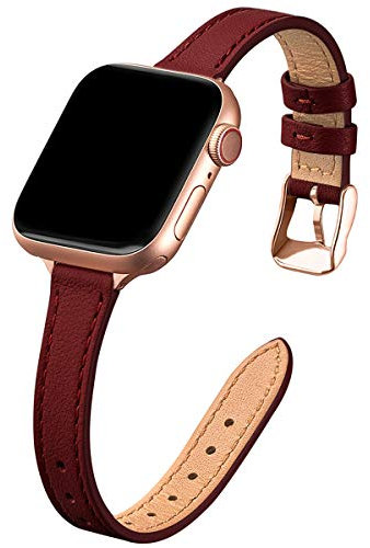 SUNFWR Kompatibel mit Apple Watch Armband 42mm 44mm 45mm 49mm,Echtes Ersatz Lederarmband,Schlank und Leicht Armband für die iwatch Serie Ultra/8/7/6/5/4/3/2/1,SE(Wein rot&Roségold)