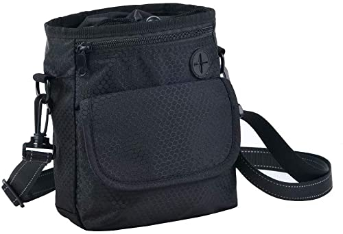 HANWELL Waterproof Dog Treat Pouch with Built-in Poo Bag Dispenser, Hands Free Puppy Training Bag Carries for Walking (Adjustable reflective Waist Belt & Shoulder Strap)-New Black
