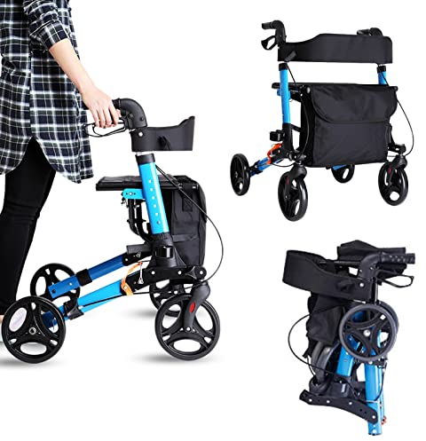 HWBB Rollator Klappbarer Rollator für Senioren mit Sitz/Bremsen/Korb, Leichtes Aluminium Höhenverstellbarer Rollator für Erwachsene, zum Spazierengehen im Freien