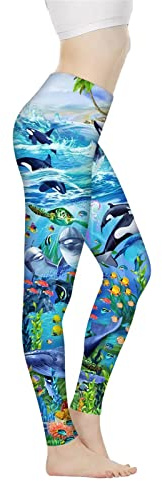Biyejit Ocean Life Dolphins Print High Waist Yoga Pants for Women Tummy Control Workout Pants Stretch Leggings