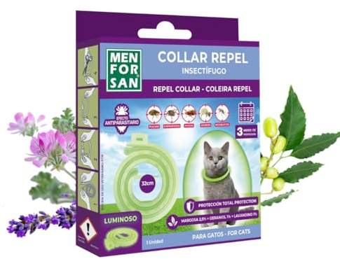 MENFORSAN Collar luminiscente Anti-Insectos para Gatos, con Tres repelentes Naturales Margosa, Geraniol y Lavandino, Cítrico, Verde, 30 cm