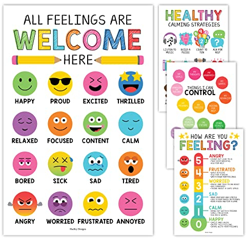 4 bunte Gefühle-Diagramme für Kinder, Lernposter für Wände, Liste der Gefühle, Poster für Kinder, Periodensystem der Emotionen, Poster für Schulberater