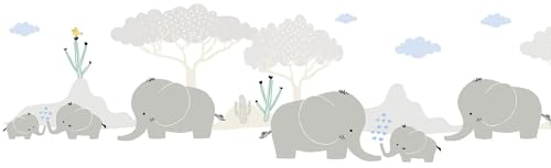 Animal Pattern Wallpaper Wall Profhome 403747-GU self-Adhesive Border Slightly Textured with Elephants matt Grey Blue White Green 0.75 m2 (8.07 ft2)