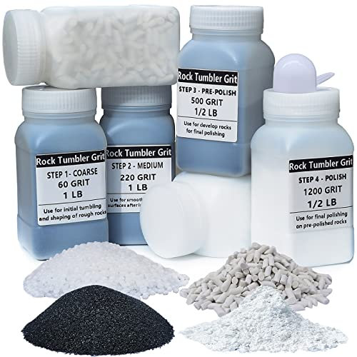 HDongany Rock Tumbler Grit Kit- 4 Steps Grit with Ceramic Filler and Plastic Filler Tumbling Media for Tumbling Stones Compatible with Any Brand Tumbler Stone Polisher, 4.5 Pounds Total Weigth