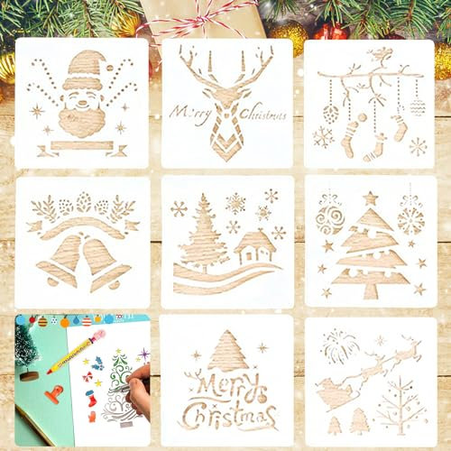 Schablone Weihnachten, 8 Stück Schablonen, Weihnachtsschablonen, Schablone Weihnachten, Fenster Schablonen Weihnachten, Schablonen Kinder Wiederverwendbar, Malschablonen für Kinder Weihnachten Advent