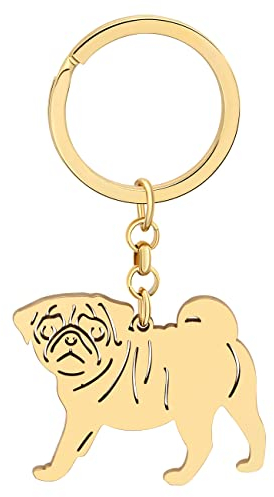 BAMAY Edelstahl Hund Rassen Schlüsselanhänger Mops Chihuahua Labrador Yorkshire Corgi Welpe Schlüsselring Charms Hund Geschenke für Frauen Mädchen (Pug Vergoldet)