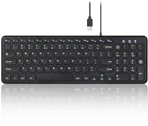 Perixx PERIBOARD-213C Wired Silent USB-C Scissor Keyboard - 14.45x4.76x0.71 Inches Compact Design with Number Pad - Black - US English