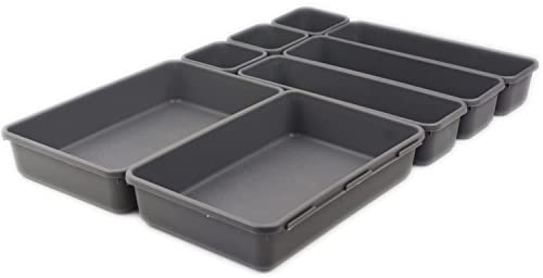 SUPPRUI Drawer Organiser Trays, Set of 8,Drawer Dividers For Make-up Organiser for Bedroom, Bathroom, Office, Kitchen - Drawer Organisers For Cosmetics, Stationery(Grey)