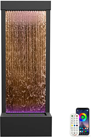 LONGRUN 48 Inch Large Indoor Water Feature, Decorative Waterfall and Fountain for Home or Garden, Multicolor LED Light Controllable by APP, Freestanding Floor Mirror