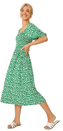 Roman Originals Dusk Fashion Women Ditsy Floral Shirred Midi Dress - Ladies Spring Everyday Summer Evening Vacation Work Holiday Long Sleeve Smart Casual - Green - Size 12