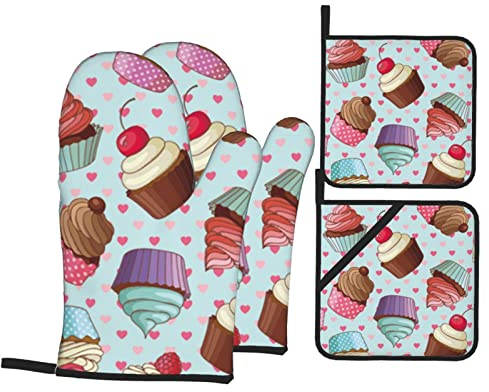 Hitzebeständige Ofenhandschuhe und Topflappen, 4er-Set, Cupcake-Muster, bedruckt, rutschfest, wasserdicht, zum Backen, Kochen, Grillen