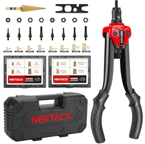 NEXTACK Rivet Nut Tool with a Step Drill Bit & 120 Nutserts Kit, 13 Heavy Duty Rivnut Tool Kit with 8 SAE & Metric Mandrels, Hand Threaded Riveter Tool Setter in Organized Carrying Case NT700