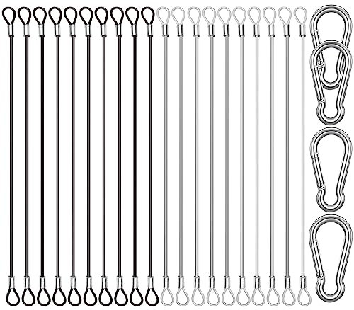 CKANDAY 20 Pack 10 Inch(25cm) Safety Stainless Steel Tethers with 4 Pcs Spring Snap Hook Clips, Steel Wire Cable with Loops Vinyl Cover Coated Short Rope Lanyard Lock Safety Tether Chains, 2 Colors