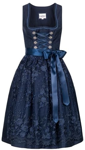 Nübler Damen Dirndl Gloria I Größen 30-48 I Midi-Dirndl mit Rocklänge 60 cm & passender Schürze I Festliches Trachtenkleid mit modernem Schnitt & dezenten Details I Ideal für Trachten & Festlichkeiten