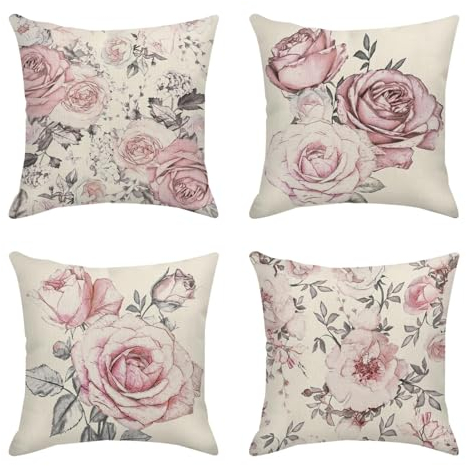 Sanwarm Dekokissenbezüge, Heimdekoration, 4er-Set, rosa Blume, Rose, 45,7 x 45,7 cm, Outdoor-Kissen, Couch, Sofa, Kissenbezüge