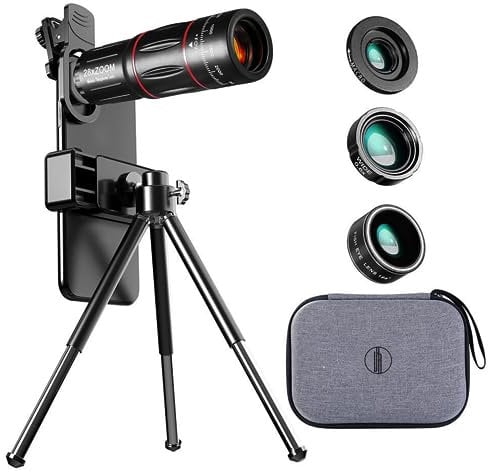 Luxiar Mobile Phone Photography Camera Lens kit, 28x Telephoto Lens, 20X Macro Lens, 0.6X Wide Angle Lens, Fisheye Lens with Universal Clip On Tripod Compatible- Smartphone iPhone iPad Samsung Android