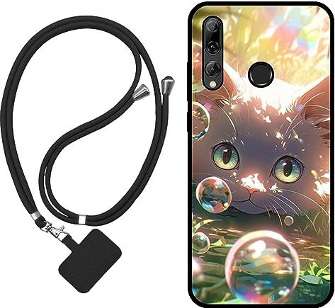 Sunrive Hülle Kompatibel mit Huawei P smart+ 2019 Case,matt Handyhülle Schutzhülle Etui TPU Backcover (Blase Katze) +1x Universale Handykette MEHRWEG