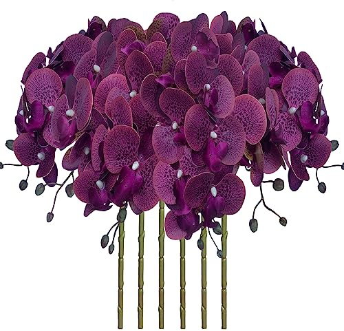 FagusHome Lot de 6 fleurs de phalaenopsis artificielles à tige pour décoration d'intérieur (piebald violet) - 81,3 cm