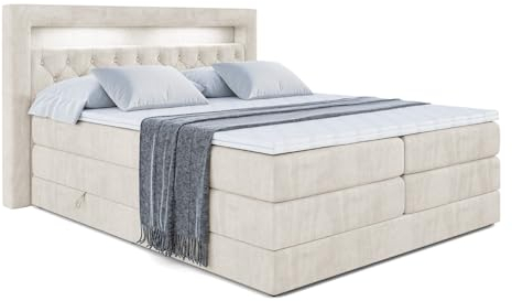 ALTDECOR Boxspringbett mit Matratze und Lattenrost, LED, Topper, Polsterbett mit Bettkasten, Bett mit Stauraum H3- und H4- Matratze, Doppelbett, Springboxbett - Noel Gold King - 140x200 - Beige Samt
