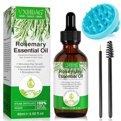 Rosmarinöl für das Haarwachstum 60ML - Premium Rosmarin ätherisches Öl für dünner werdendes trockenes beschädigtes Haar eingewachsene Nachwachsen Verlust Frauen Männer mit Silikon Scalp Massager