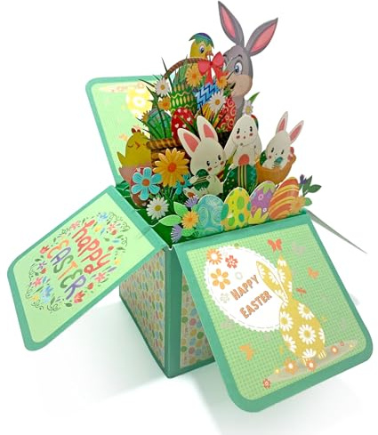 Bekecidi Ostern Pop Up Karte, 3D Papier Blumenkarte, Ostereierkarte mit Hasenblumen, 3D Pop Up Osterkarte mit Umschlägen für Kinder, Kinder, Familie und Freunde