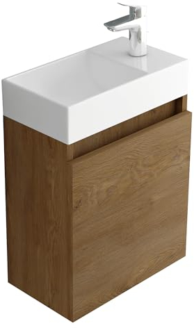 Alpenberger Waschbecken mit Unterschrank 45 cm | Badezimmermöbel Set | Kleines Waschbecken Gäste WC | Waschtisch Set | Unterschrank Bad Waschbeckenunterschrank Eiche