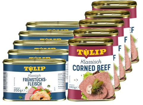 TULIP 5x Klassisches Corned Beef 340g + 5x Schweine-Frühstücksfleisch 200g | leckeres Rinder und Schweinefleisch | 98% Rindfleisch und 86% Schweinefleisch