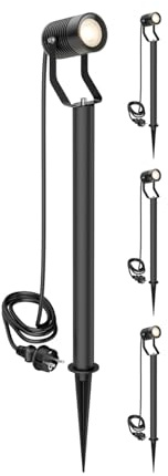 ledscom.de 4x Gartenstrahler SHINGA mit Erdspieß und 40 cm Sockel für außen, IP65, Stecker, schwarz, inkl. GU10 LED Lampe 468lm, warmweiß