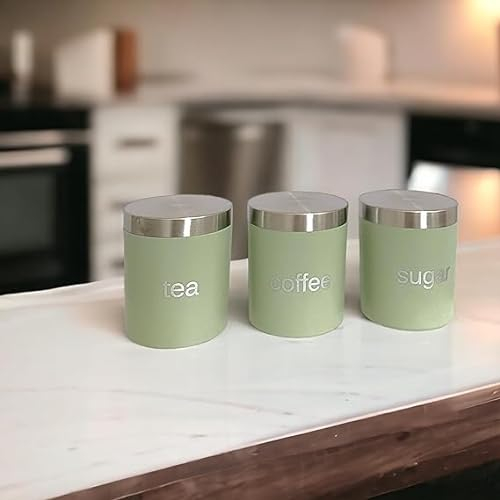 New Set of 3 Kitchen Storage Canisters Jar Pots for Tea Coffee Sugar - Green With Tight seal lids To Keep Contents Fresh Storage