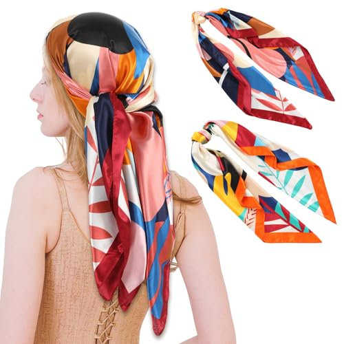 JIEYAO Bandanas,2 Stück 35“ Große Quadratische Satin Kopftuch Bandana Damen Herren Boho Elegante Kopftücher Sommer Haarband(Multicolor)